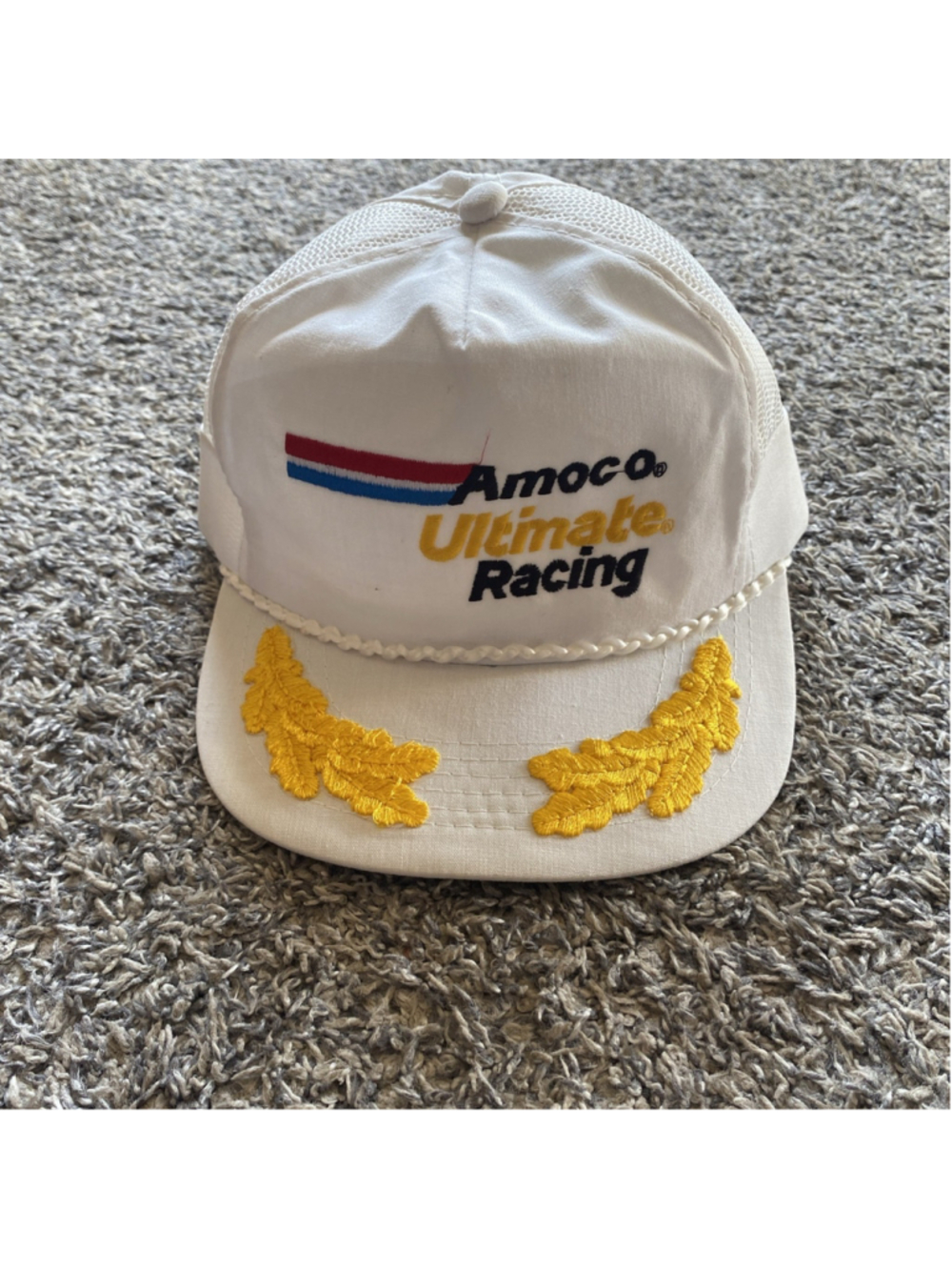 Beautiful Vintage Amoco Ultimate Racing Mesh Snapback Hat with Gold Leaf Trim